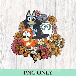 bluey and bingo floral png, bluey and friends flowers sublimation, bluey birthday party, bluey toddler shirt png digital