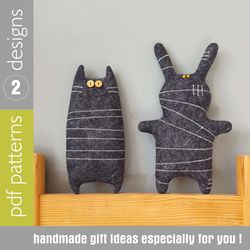 Halloween dolls sewing patterns PDF cat and mummy rabbit, set of 2 digital tutorials in english, felt doll diy