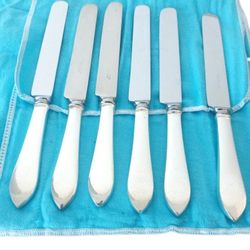 tiffany & co faneuil 6 knives set in sterling silver 925 long cm 24 inches 9 1/4" silverware cutlery serving no engravin