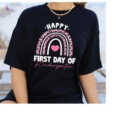 back to school, first day of school outfit, original happy first day of kindergarten rainbow back to school leopard t-sh