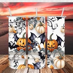 3d halloween bat pumpkin tumbler wrap, spooky tumbler wrap, halloween bat tumbler sublimation, 20oz skinny tumbler png