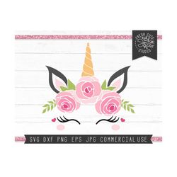 unicorn face svg cut file, files for cricut, instant download, floral unicorn birthday, eyelashes, sweet unicorn flower