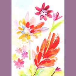 Watercolour red flowers painting sketching art print. Sketch red wildflowers printable instant download