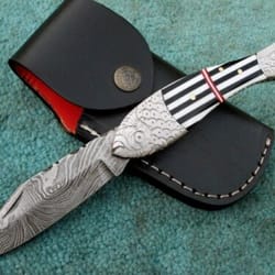 hand forged folding knife , 9" superior fish design damascus steel pocket knife