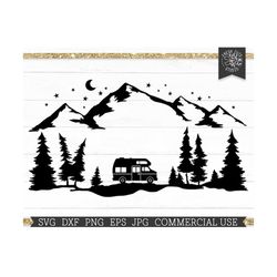 camping svg rv forest scene cut file for cricut, pine tree mountains silhouette svg file, dxf png eps, motorhome svg, ca