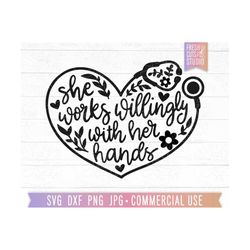 heart stethoscope svg nurse quote cut file, hand lettered saying, floral stethoscope, she works willingly with her hands