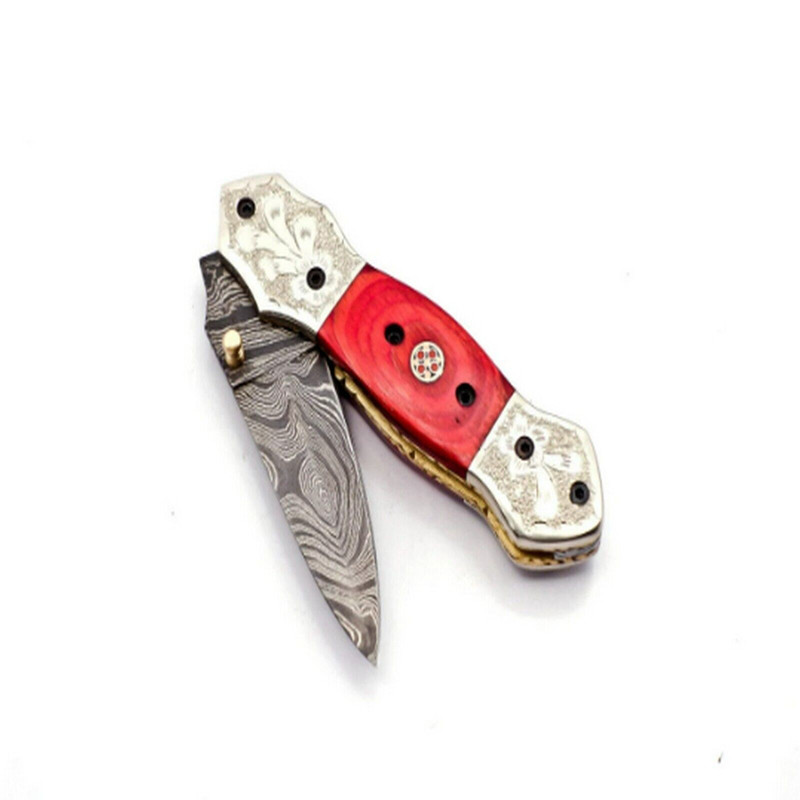 Damascus Steel Folding Pocket Knife with Leather Sheath