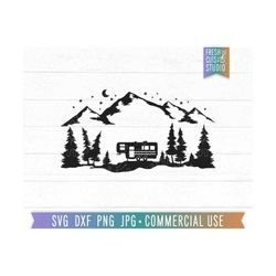 5th wheel camper rv svg cut file, forest silhouette, pine trees, mountain scene, camper with mountains, fifth wheel rv s