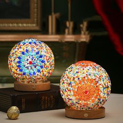 Small Night Light Bohemian Style Rechargeable Table Decorative Glass Lamp