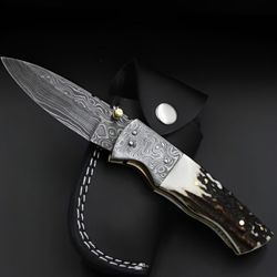 Hand Made Folding Knife , Marvelous Custom Made Damascus Steel Pocket Knife