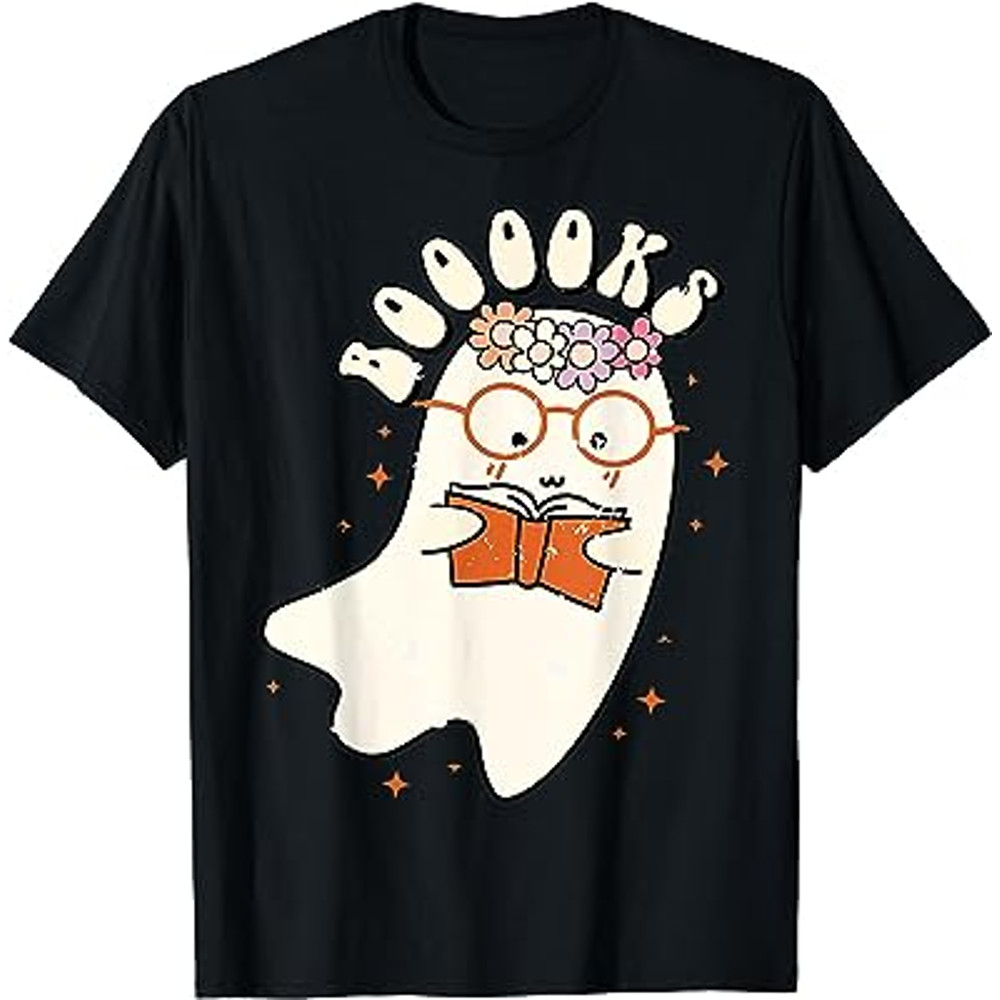 Cute Ghost Book Reading Halloween Teacher Top T-Shirt.jpg