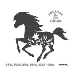 INSTANT Download. Floral galloping horse silhouette cut file and clip art. H_2. Personal and commercial use.