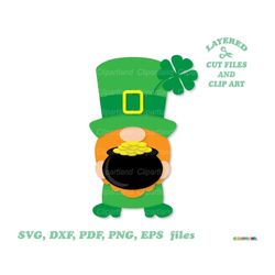 instant download. cute patrick leprechaun gnome dwarf holding a pot of gold cut files and clip art. pg_3.