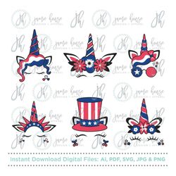 patriotic unicorn face set svg cut file (4th of july, fourth of july, independence day, american flag, memorial day, lab