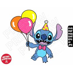 Stitch birthday balloons SVG dxf png clipart , cut file layered by color