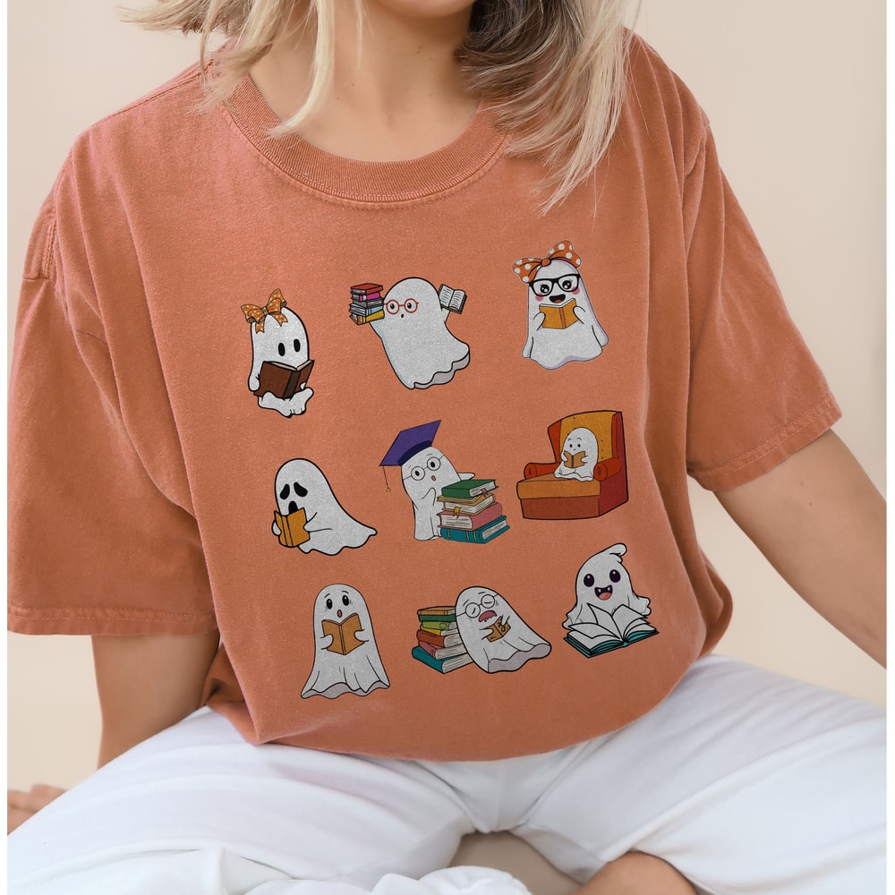 Ghost Reading Comfort Colors Shirt, Teacher Halloween Shirt, Librarian Shirt, Book Lover Tshirt, Reading Shirt, Teacher Shirt, Teacher Gifts - 1.jpg
