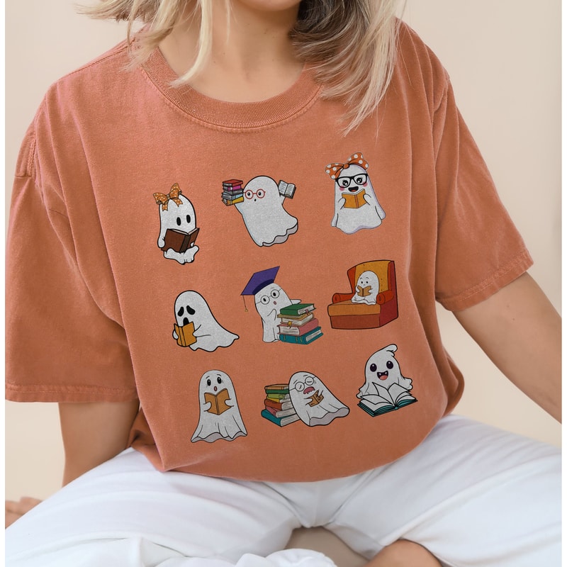 Ghost Reading Comfort Colors Shirt, Teacher Halloween Shirt, Librarian Shirt, Book Lover Tshirt, Reading Shirt, Teacher Shirt, Teacher Gifts - 1.jpg