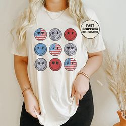retro american smiley face shirt, independence day shirt, american women tshirt, usa flag shirt, red white and blue, smi