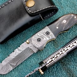 stunning damascus steel folding knife , hand made custom made pocket knife