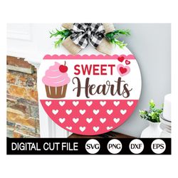 sweet hearts welcome sign svg, valentines day door hanger svg, heart svg, round valentine door sign decor, glowforge las