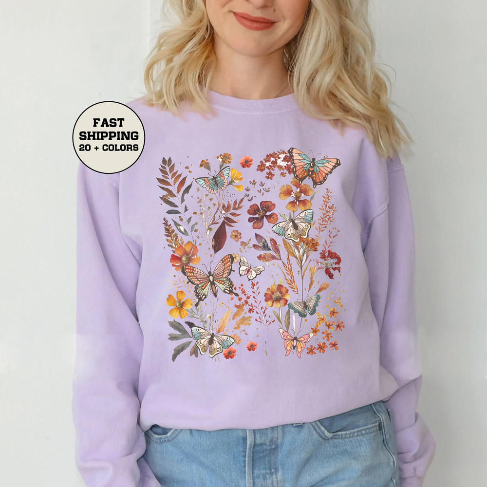 Boho Wildflowers Comfort Colors Shirt, Retro Butterflies Shirt, Botanical Shirt, Garden Lover Shirt, Moth Butterfly T Shirts, Boho - 2.jpg