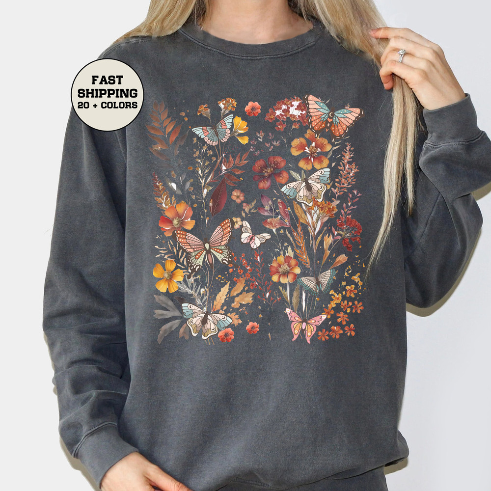 Boho Wildflowers Comfort Colors Shirt, Retro Butterflies Shirt, Botanical Shirt, Garden Lover Shirt, Moth Butterfly T Shirts, Boho - 3.jpg