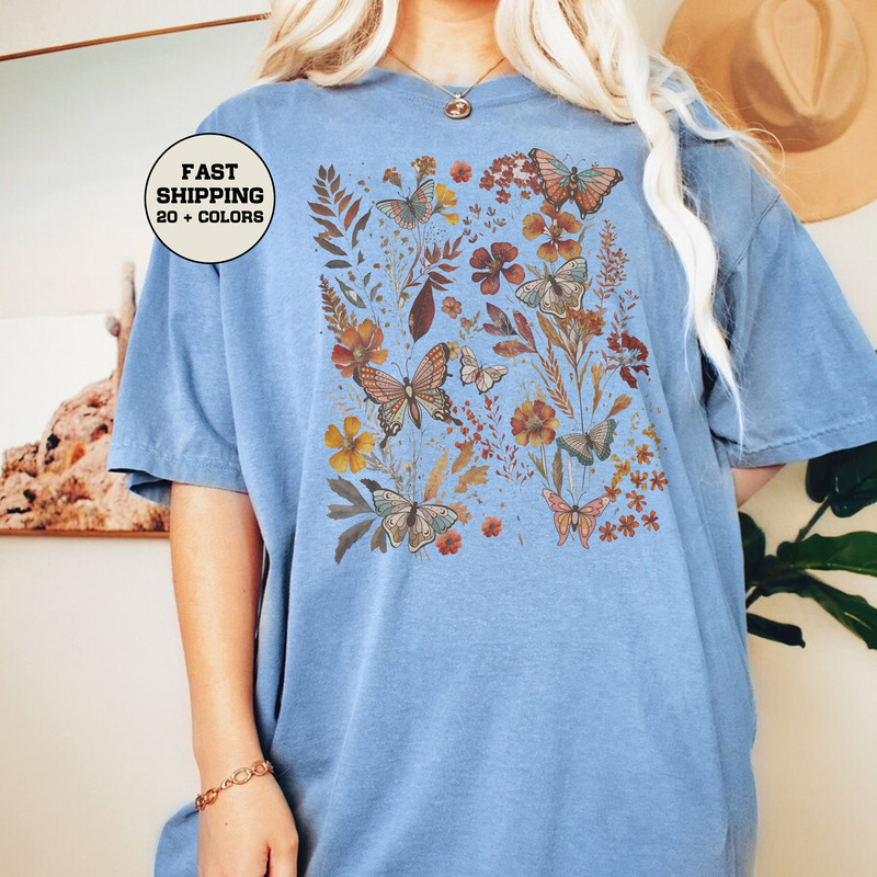 Boho Wildflowers Comfort Colors Shirt, Retro Butterflies Shirt, Botanical Shirt, Garden Lover Shirt, Moth Butterfly T Shirts, Boho - 4.jpg