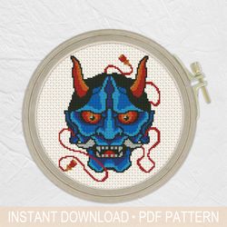 japanese hannya mask cross stitch pattern pdf, oni mask cross stitch - instant download