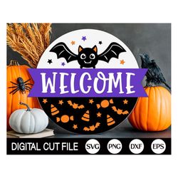 halloween bat welcome sign svg, halloween door hanger svg, bat svg, halloween sign svg, wood decor, glowforge laser cut