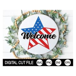 america welcome sign svg, round door hanger svg, 4th of july sign svg, patriotic door decor, glowforge, for cricut