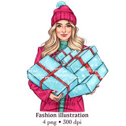 INSTANT DOWNLOAD. Cartoon new Year's print with a fashion girl in PNG format, different hair colors