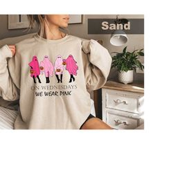 on wednesdays we wear pink sweatshirt, breast cancer, pink ghost shirt, mean girls ghost shirt, halloween sweatshirt, oc