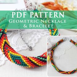 colorful geometric necklace pdf pattern, seed bead crochet rope bracelet diy, beading jewelry pattern