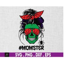 momster halloween costume skull mom messy hair bun monster svg png, spooky vibes svg png, fall svg, svg files for sublim