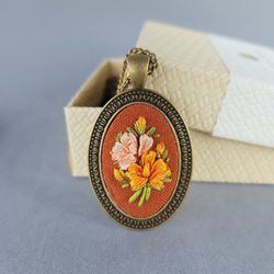 Ribbon embroidered pendant for her,  4th wedding anniversary gift, Christmas gift and Mother day gift