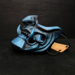 Samurai Oni Half mask, Wearable Mempo Mask: Black with blue metallic menpo mask with big fangs, Samurai half mask