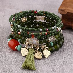 Bracelet en perles de verre multicouches pour femme, emeraude verte, papillon en alliage, breloque document, mode vintag
