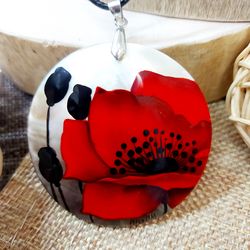 pearl pendant necklace 2in red poppy flower jewelry. handmade dainty accesory. stylish pendant with bright blossom