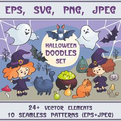Halloween doodles set | Vector clip arts and seamless patterns