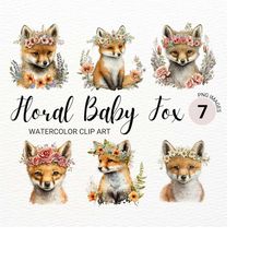 Floral Baby Fox Clipart | Baby Animals Clipart | Woodland Animals Clipart | Nursery Wall Decor | Kawaii Clipart | Commer