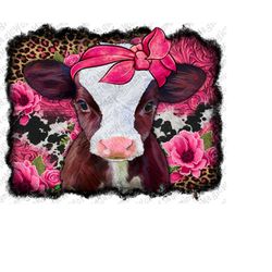 Baby Cow With Pink Leopard Floral Background Png Sublimation Design, Western Baby Cow Background Png, Floral Cow Png, In