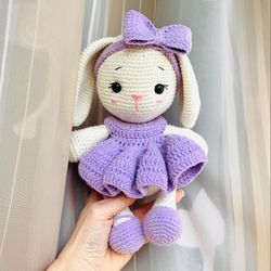 crochet bunny knitted rabbit amigurumi animal toy handmade gift for baby girl dress and bow doll easter for toddler