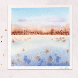 Mini painting 3x3 Winter landscape Snowy field painting postcard Original watercolor painting Tiny painting