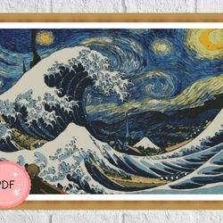 Cross Stitch Pattern,The Three Masterpiece,The Scream,The Starry Night,Hokusai Katsushika,Instant Download,Van Gogh