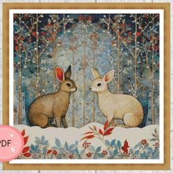 Cross Stitch Pattern ,Two Rabbits In The Snowy Forest,Vintage Design,Retro Inspiration,Instant Download,Full Coverage