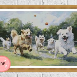 Cross Stitch Pattern,Dogs Play Catching Ball,Instant Download,X Stitch Chart,Nature Scene,Landscape,Full Coverage