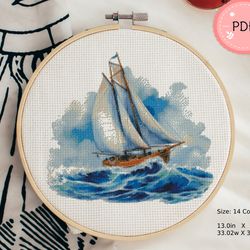 Cross Stitch Pattern,A Sailboat In The Ocean,Ocean Wave,Pdf,Instant Download,Sea X Stitch Chart,Beach Needlework,Coastal