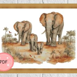 Cross Stitch Pattern,Elephant Family,Pdf,Instant Download ,Animal X Stitch Chart,Watercolor,Africa,African Landscape