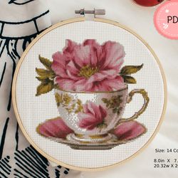 Kitchen Cross Stitch Pattern ,Teacup With Pink Flower,Vintage Tea Set,Pdf,Instant Download,X Stitch Chart,Needlepoint