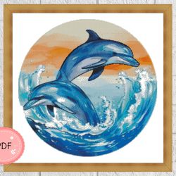 Cross Stitch Pattern,Two Dolphins With Wave And Sunset,Ocean Wave ,Pdf,Instant Download,Sea X Stitch Chart,Beach